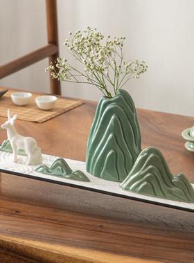 中式枯山水摆件禅意客厅玄关办公室创意软装饰陶瓷花瓶仿真迎客松