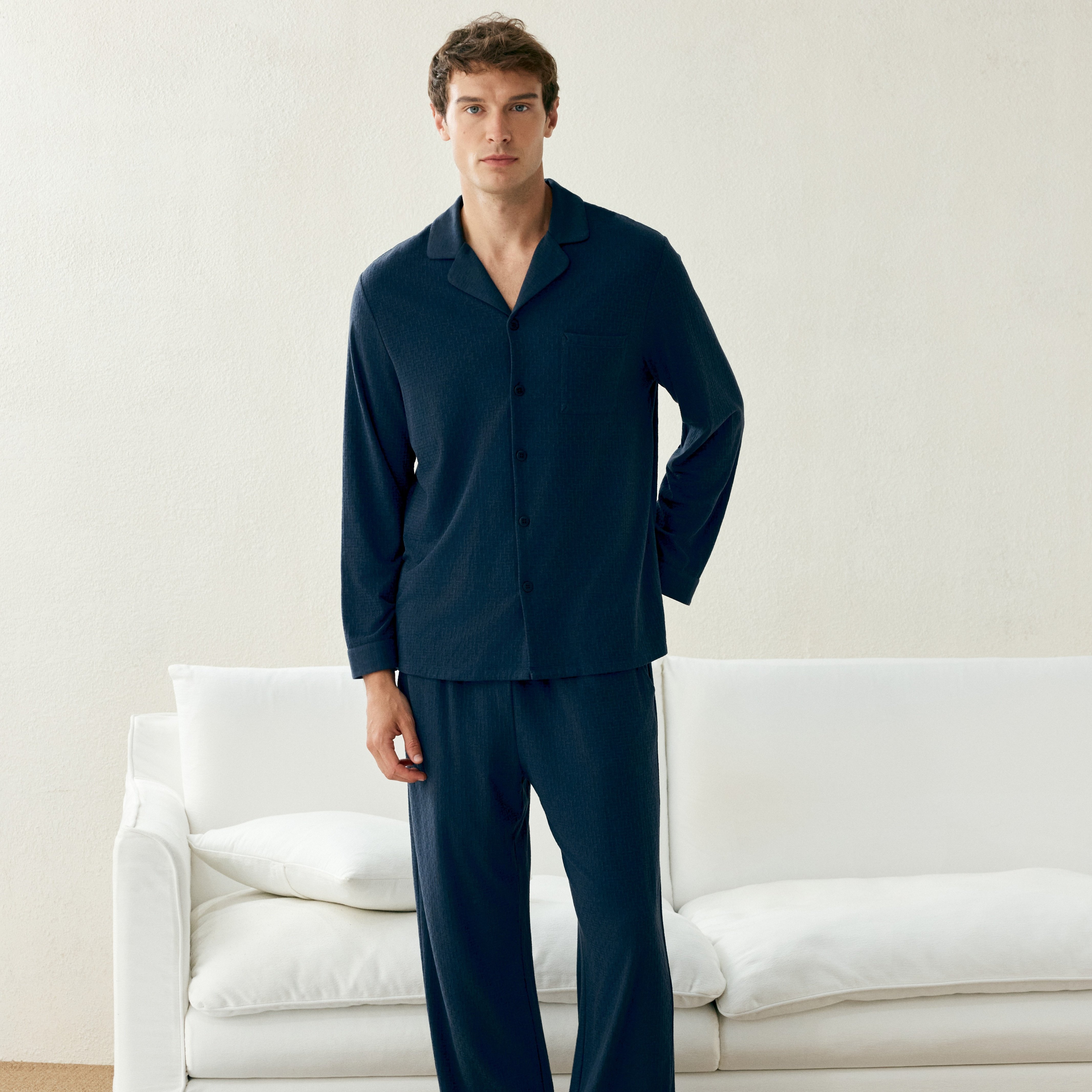 郁凡诗25新款睡衣男秋冬翻领开衫简约休闲家居服纯色长袖长裤套装,淘宝优惠券,粉丝福利购,淘宝优惠卷