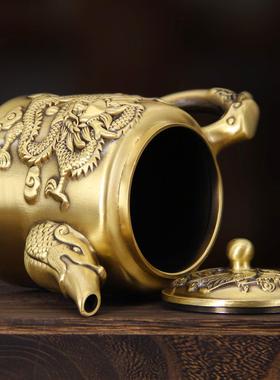 纯黄铜小茶壶茶具龙凤百福黄铜小供壶拉丝铜壶山水壶拜神茶壶摆件