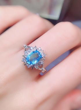 蓝托帕石秋冬百搭天然蓝托帕石戒指微镶锆石小众款紫水晶保真