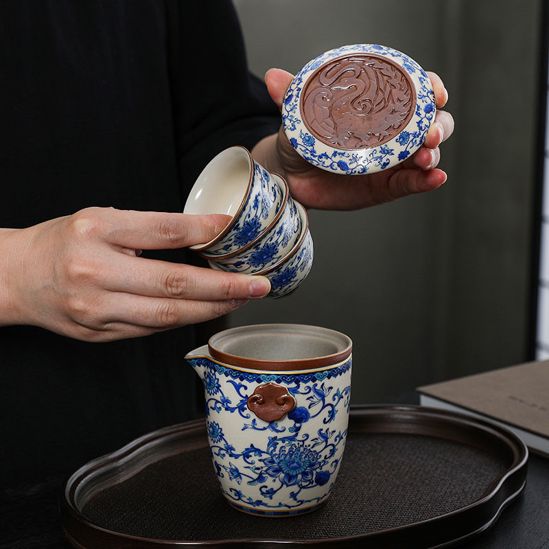 Portable quick cup, one pot, three cups, travel tea set, Ru Kiln Kung Fu tea cup, outdoor car-mounted tea making