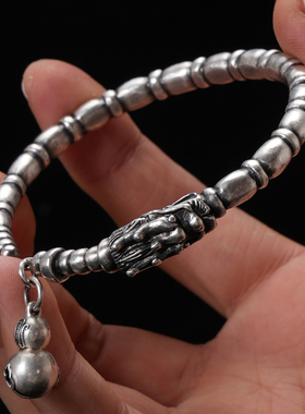 道轩堂 赵公明打神鞭纯银手镯瑞龙聚财银铃 999足银道系国风男女