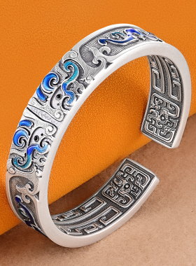 银千造饕餮 实心手工珐琅银手镯浮雕手环足银999男女款国风银镯