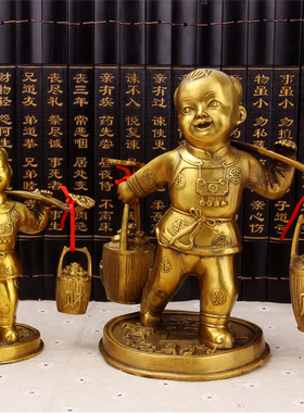 铜挑财运财童子摆件送财善财童子家居装饰铜工艺礼品摆设