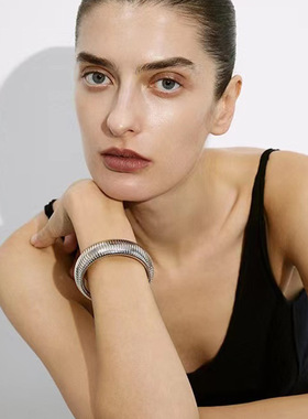 金色弹力蛇骨宽手镯女欧美轻奢小众夸张银色金属叠戴手环手圈镯子