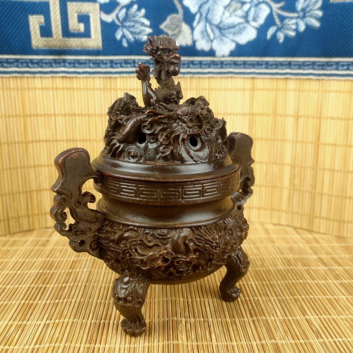 做旧仿古铜九龙香炉摆件复古文玩民间香炉三足二龙戏珠香薰炉工艺 - 图3