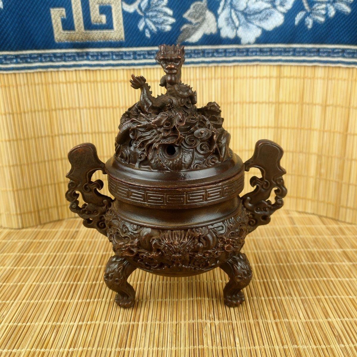 做旧仿古铜九龙香炉摆件复古文玩民间香炉三足二龙戏珠香薰炉工艺 - 图1