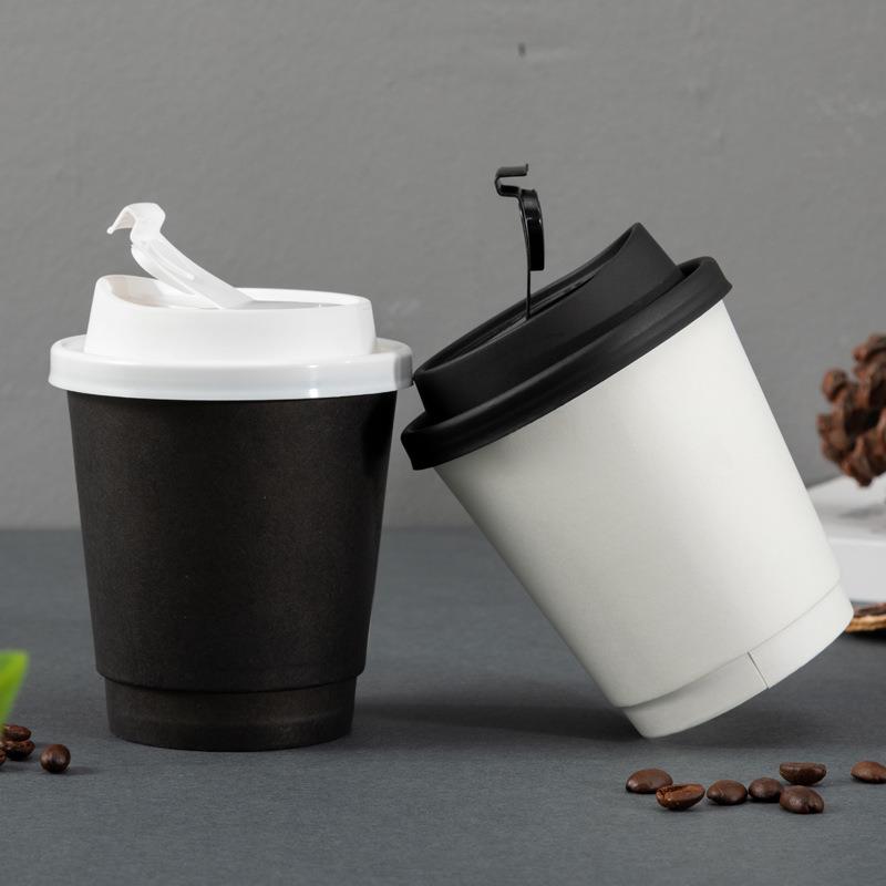 白色双层中空纸杯一次性杯子奶茶咖啡杯全黑色防烫外卖打包热饮杯 - 图0