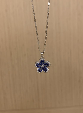 复古蓝宝石花朵项链新款