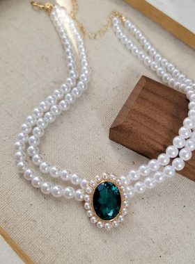 法式复古优雅气质双层珍珠项链祖母绿吊坠锁骨链