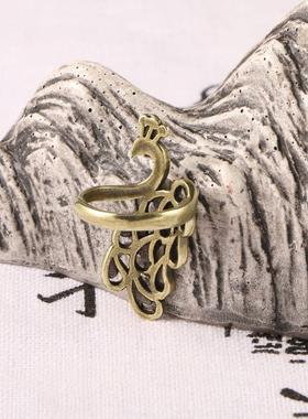 外贸古玩铜器古铜女士戒指复古开口孔雀开屏黄铜饰品食指指环