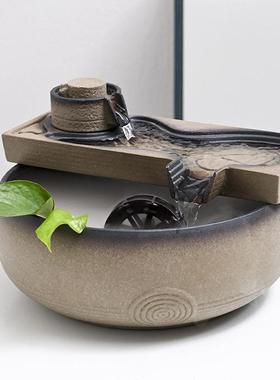 流水摆件风水轮时来运转生财茶室公司雾化加湿USB新中式造景装饰