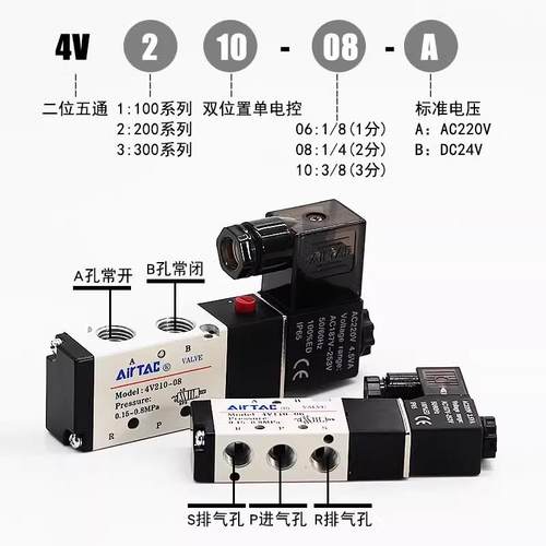 亚德客电磁阀4V210-08B/DC24V气动AirTAC气阀单控4V110-06AC220V - 图1