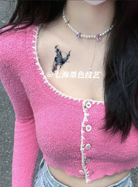 新中式蓝色水墨蝴蝶彩色纹身贴女