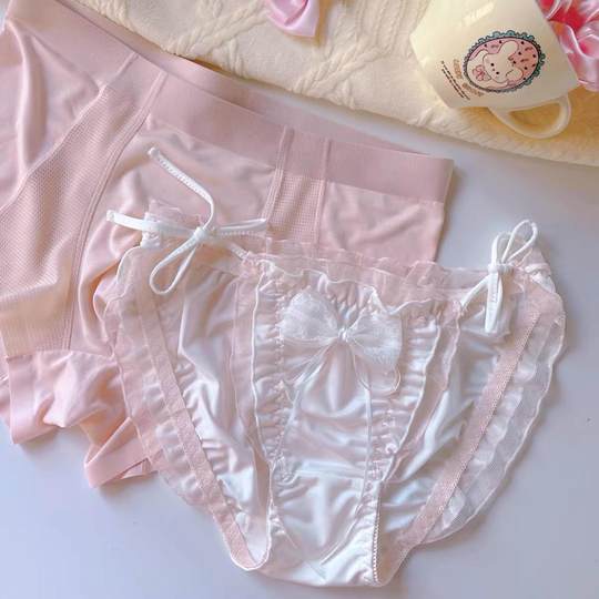 情侣内裤一男一女性感纯欲性感潮流一拉就开纯棉系带粉色蕾丝套装