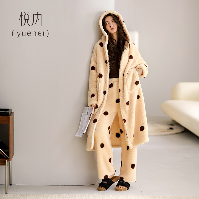 悦内睡袍女睡衣睡裙秋冬季冬款珊瑚绒加厚加绒加长款大码两件套装,淘宝优惠券,粉丝福利购,淘宝优惠卷