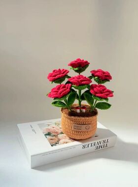 成品手工编织DIY玫瑰花盆栽毛线钩织创意仿真花桌面摆件情人节礼