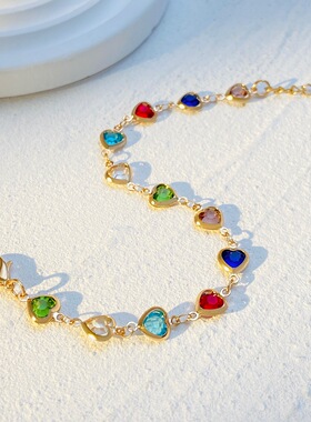 欧美ins风时尚彩色爱心锆石女手链气质轻奢心形多巴胺网红手串