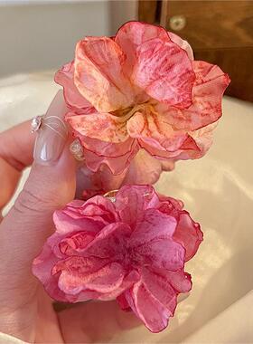 国风花花发夹侧边夹丸子头花簪花发卡马尾花朵小夹子山茶花小抓