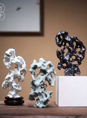 新中式陶瓷手工太湖石摆件家居客厅玄关茶室茶桌酒柜书柜装饰品