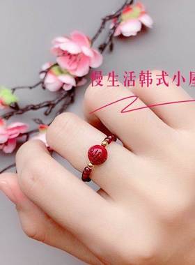 天然朱砂戒指女款招财貔貅紫金砂本命年转运珠时尚个性小指环尾戒