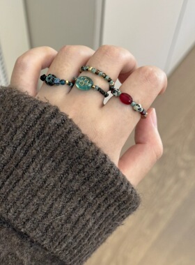 彩色水晶串珠戒指ins小众设计感高级手指戒轻奢气质百搭指环配饰