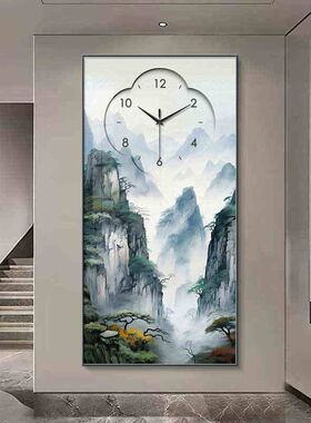 新中式玄关装饰画钟表挂钟2025新款走廊过道发光壁画客厅时钟挂墙