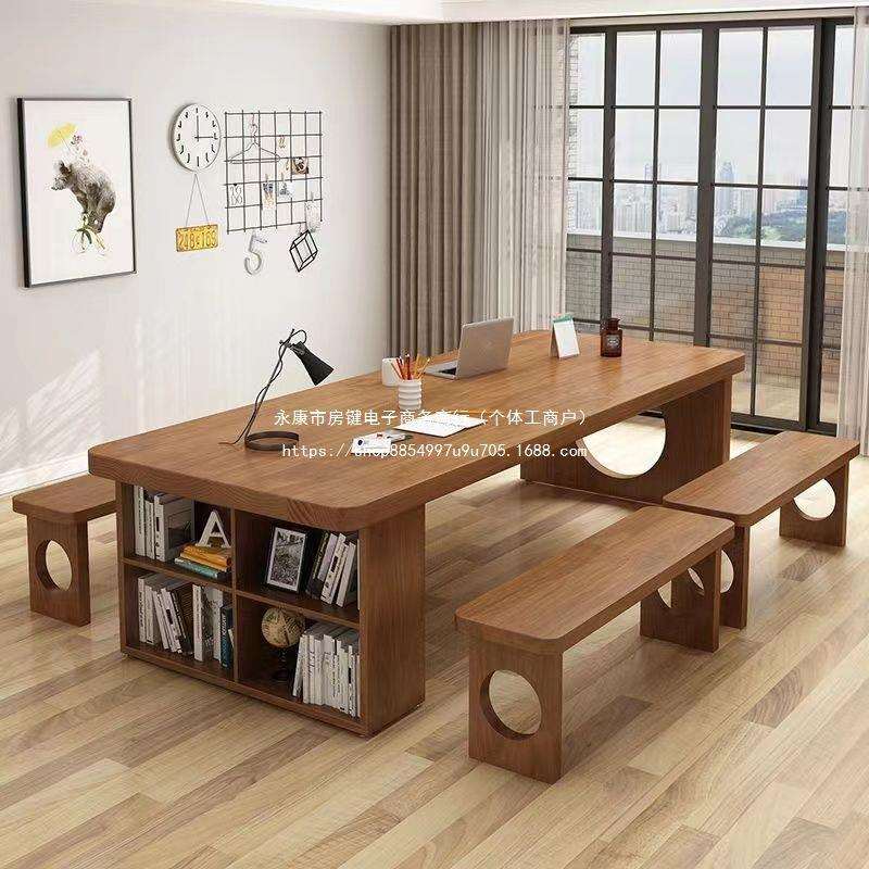 创意客厅实木大书桌书架一体家用长条桌子青少年学习桌双人写字台 - 图0