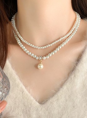 双层叠戴方糖珍珠吊坠项链女款2024新款爆款高级感配饰毛衣锁骨链
