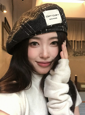 【猫仔kitten】时尚格纹贝雷帽秋冬复古休闲小众帽子显脸小画家帽