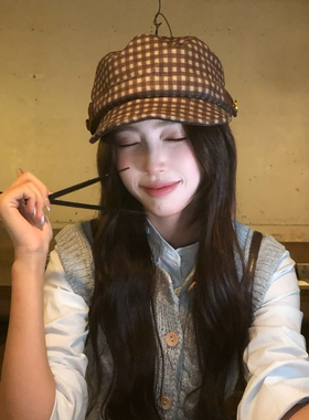 【猫仔kitten】休闲风秋冬格子马术帽宽檐格纹韩版显脸小棕色帽子