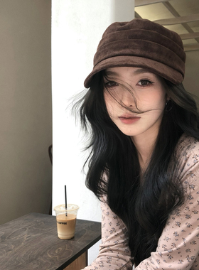 【猫仔kitten】咖色秋冬复古麂皮绒鸭舌帽保暖多层褶皱平顶帽子女