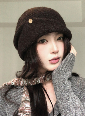 【猫仔kitten】秋冬纯色复古保暖毛线帽女圆顶休闲针织帽包头帽