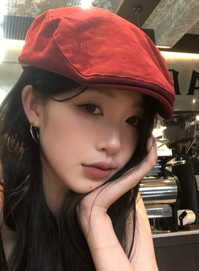 【猫仔kitten】红色前进帽女秋冬款显脸小时尚画家帽文艺报童帽