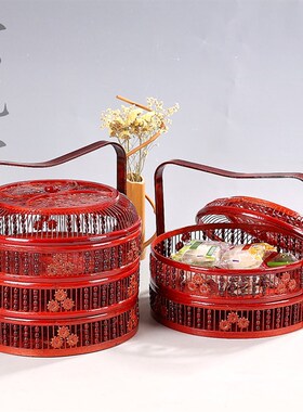 竹编仿古提篮月饼篮送饭篮水果篮竹制食盒红色婚庆礼品篮