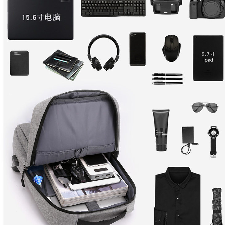 A1-开学简约商务双肩包男士大容量学生电脑包多口袋灰色背包