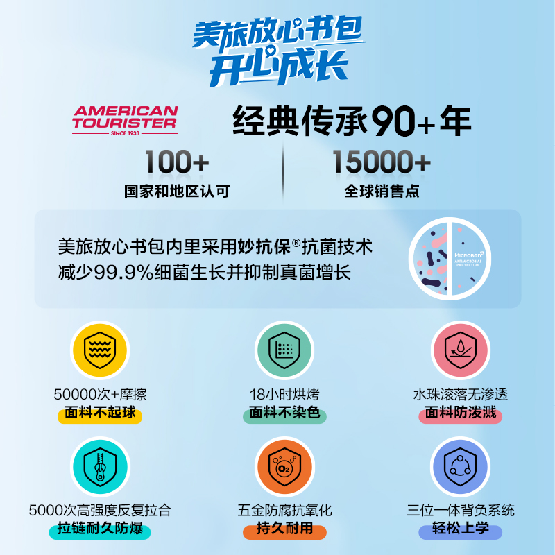美旅书包双肩背包抗菌中小学生书包三到六年级大容量2024新款NJ8