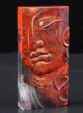 天然28*57*9mm32g玉石挂件桂林鸡血玉石乾坤料佛头装饰精雕挂件