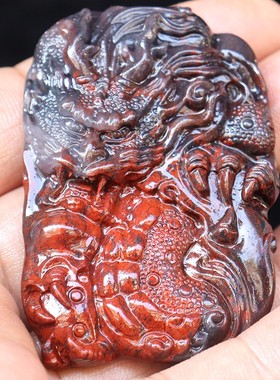 天然60*41*11mm38g玉石挂件桂林鸡血玉石 乾坤料红男士龙牌有沙眼