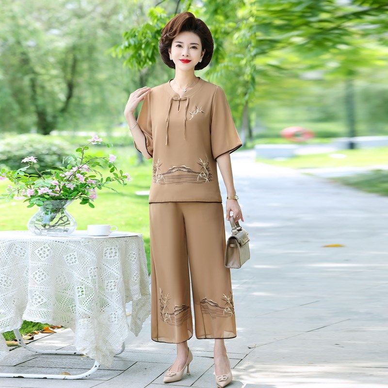 中年妈妈夏装洋气套装2024新款短袖t恤中老年女装时尚雪纺衫上衣,淘宝优惠券,粉丝福利购,淘宝优惠卷