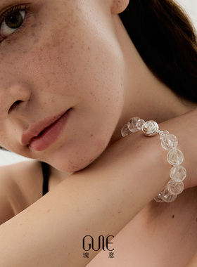 瑰意白水晶手串女圆珠雕刻玫瑰磁吸银扣2025新款设计感清冷风手链