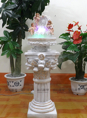 欧式家居装饰品小天使五彩流水喷泉工艺树指摆件加湿增氧器白色款