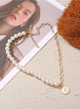 2021SHOPEE珍珠锁欧美风创意简约时尚气质女士首饰 几何链条项链