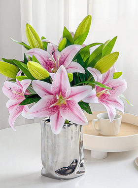 仿真百合两花一蕾3D打印手感保湿百合花胶布假花居家摄影婚礼布置