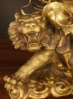 纯铜武财神赵公明骑虎像铜摆件大号赵元帅铜像套