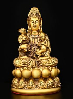 室内铜送子观音铜像摆件家居佛堂供养摆设铜护佑平安坐莲观世音