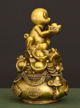 纯铜金猴献宝摆件聚宝盆福袋猴客厅办公室象上封猴生肖