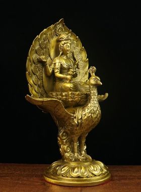 纯黄铜孔雀明王佛母像摆件不动多罗菩萨铜像居家玄关佛堂供奉铜像