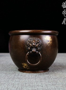 黄铜缸摆件 铜烟缸 招财缸 全铜水缸 狮头缸 铜聚宝盆缸家居风水