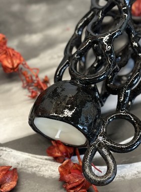 日式中古侘寂风小众手工泥条几何烛台陶瓷样板房间桌面摆件书房